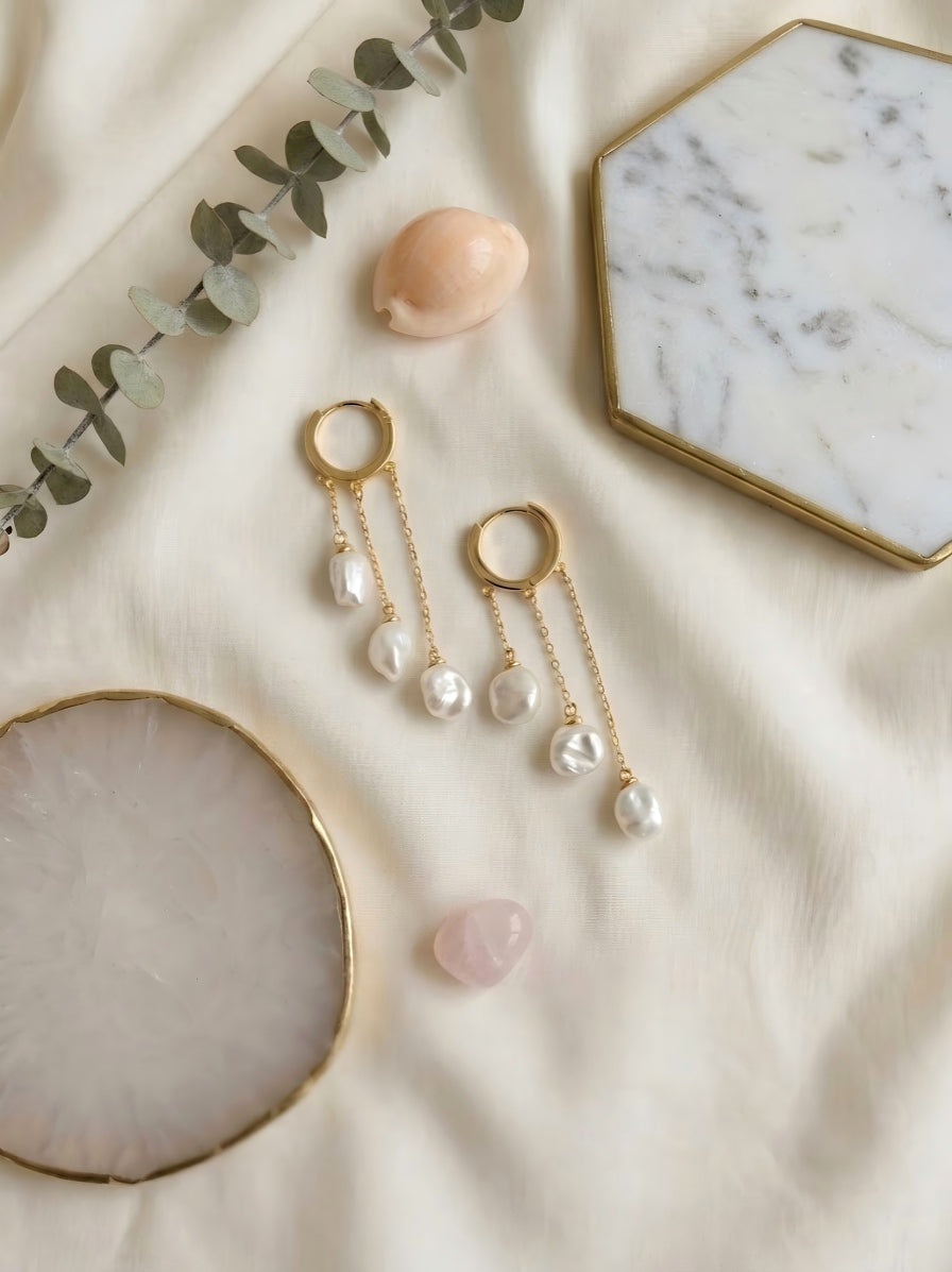 The Ocean’s Whisper — Handcrafted Baroque Pearl Cascade Huggie Earrings