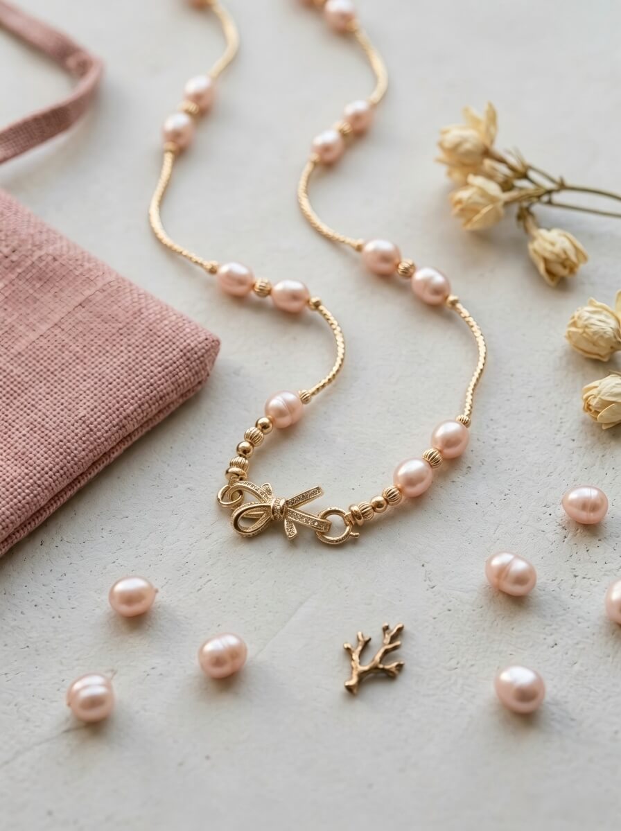 Aurelia Pink Freshwater Pearl Necklace with Vintage Bow Clasp