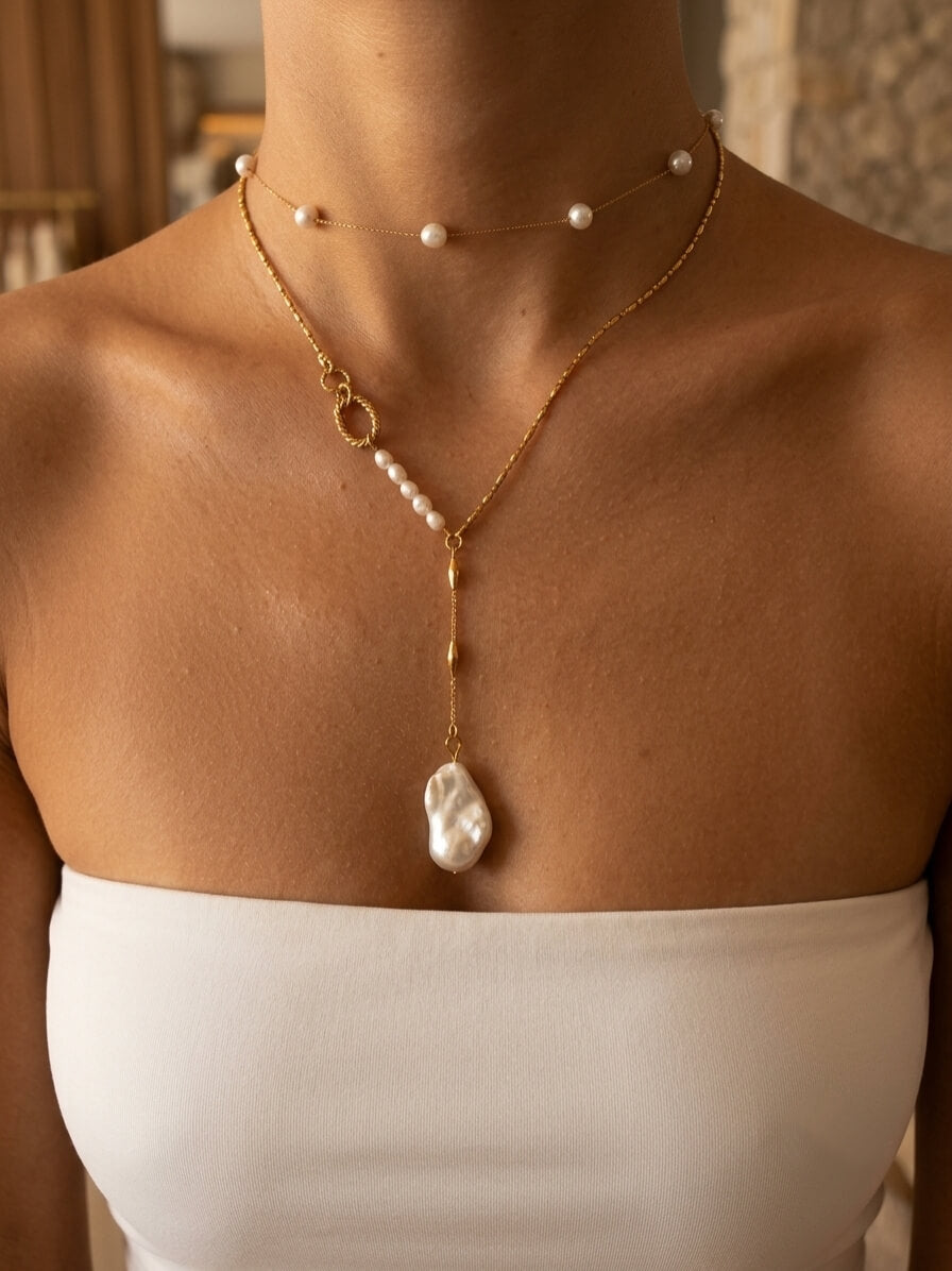 Liquid Moonlight Handcrafted Baroque Pearl Lariat Necklace
