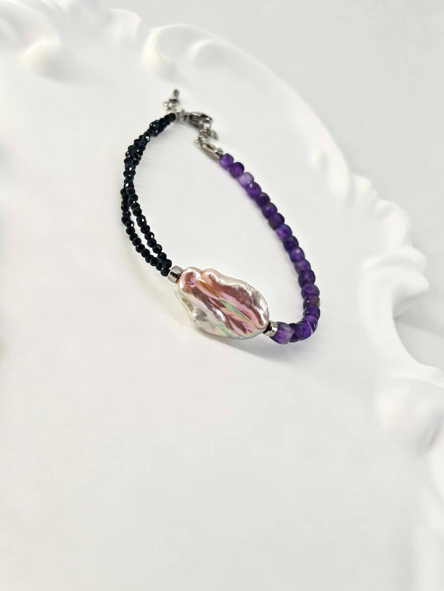 Handcrafted Asymmetric Amethyst & Black Spinel Bracelet with Keshi Baroque Pearl
