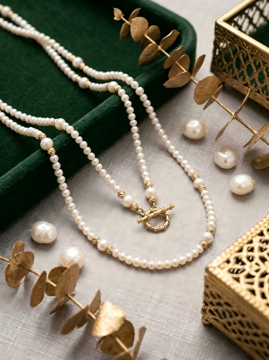 Aurelia Pearl Opera Necklace – Handcrafted Multi-Way Long Pearl Necklace with Textured Gold Accents