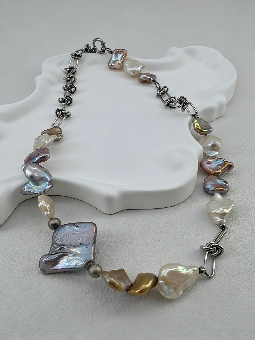 The Iridescent Tides | Artisanal Mixed Baroque Pearl & Knot Link Necklace
