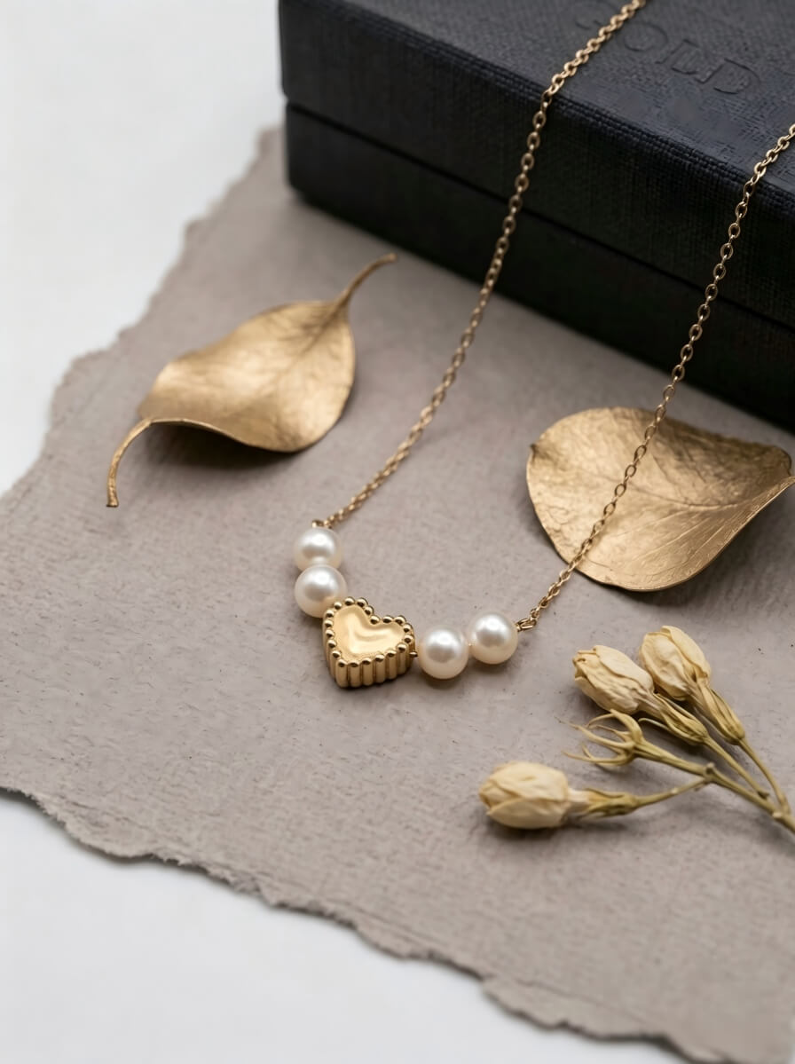 "Whispers of the Sea" — Vintage Textured Golden Heart & Natural Pearl Necklace