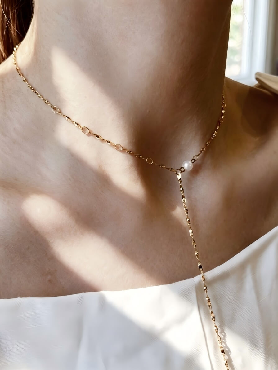 Elysian Pearl & Shimmer Chain Handcrafted Lariat Necklace
