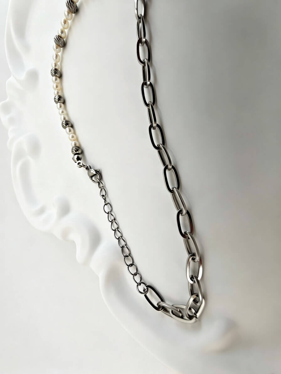 Echoes of the Sea • Asymmetric Baroque Pearl & Paperclip Chain Handmade Necklace
