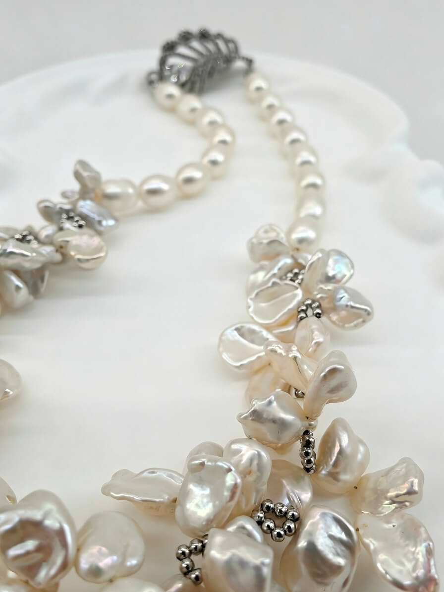 The "Ocean’s Whisper" Handmade Barque Pearl Cluster Necklace with Feather Clasp