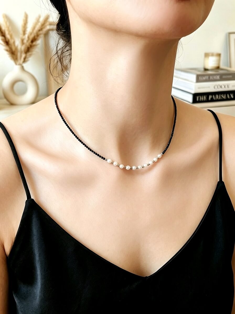 Nocturne Glow – Artisanal Natural Black Spinel & Pearl Collar Necklace
