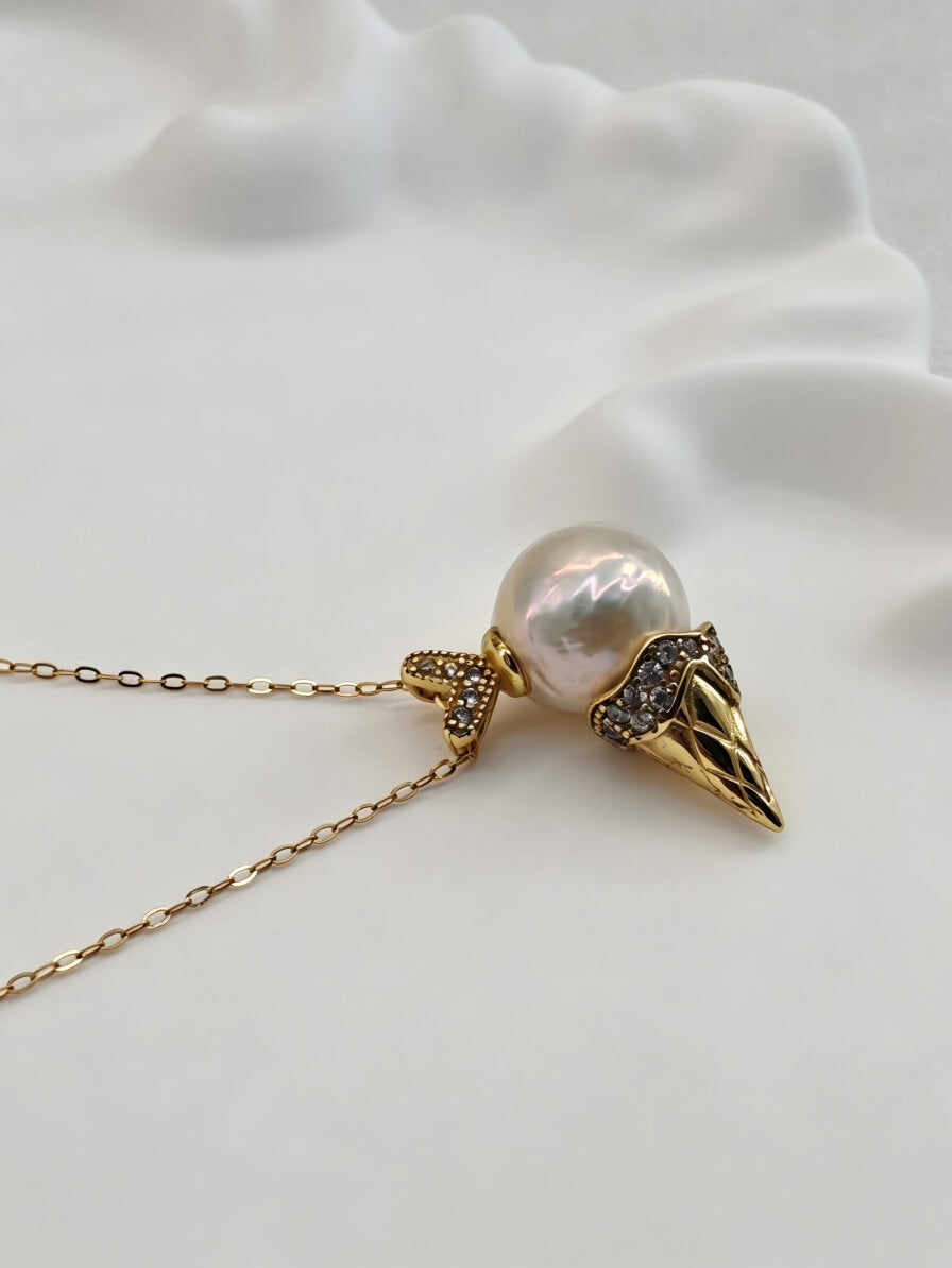 Handcrafted "Sweet Summer" Pearl Ice Cream Cone Pendant Necklace