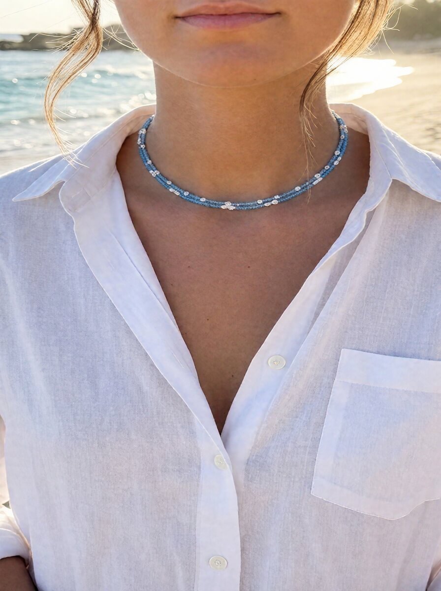 Ocean Breeze – Handmade Double-Layer Blue Zircon & Freshwater Pearl Necklace