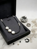 Edgy Sweet-Cool Asymmetrical Pearl Choker • Genuine Baroque Coin Pearl & Black Beaded Statement Necklace • Ins Style Jewelry