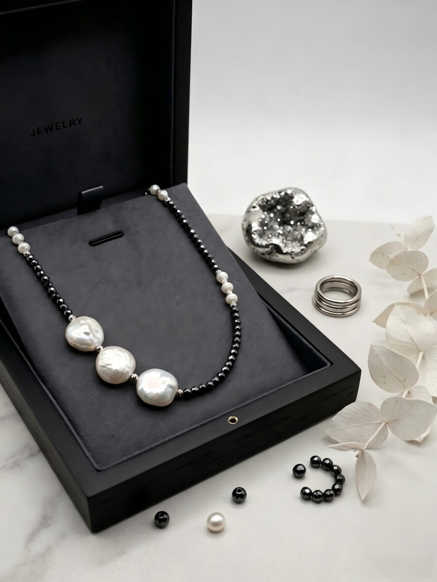 Edgy Sweet-Cool Asymmetrical Pearl Choker • Genuine Baroque Coin Pearl & Black Beaded Statement Necklace • Ins Style Jewelry