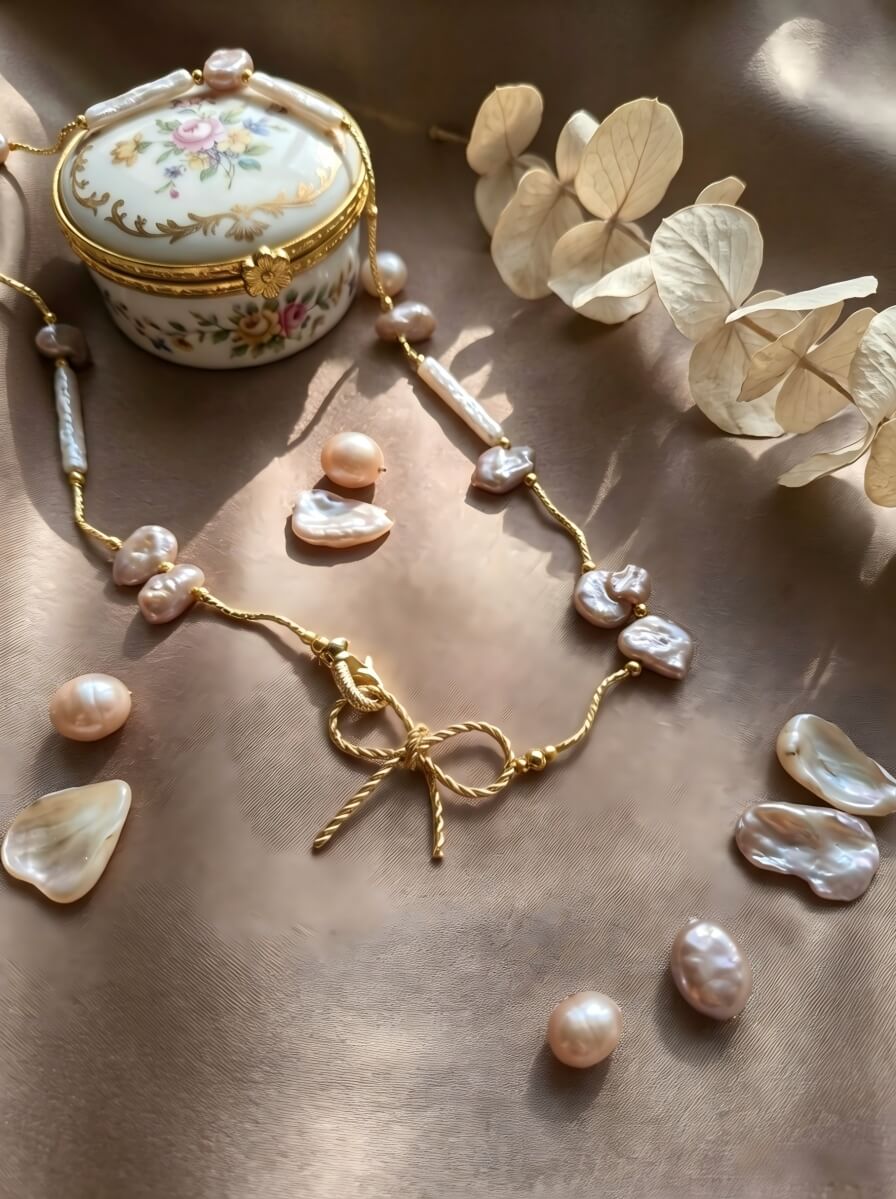 The Aphrodite Bow & Iridescent Baroque Pearl Necklace