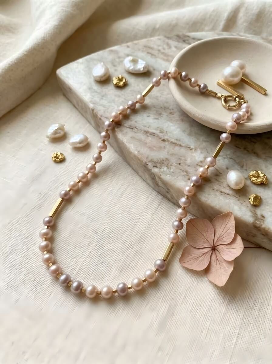 The Aurora Pastel Keshi Pearl Choker – Handmade Multi-Tone Pearl & Gold Column Necklace