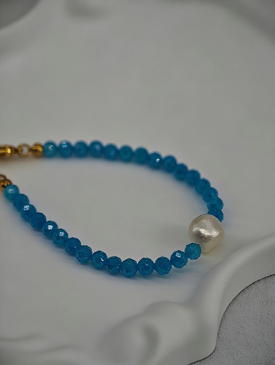 Ocean Tear | Handmade Blue Zircon & Natural Freshwater Pearl Bracelet