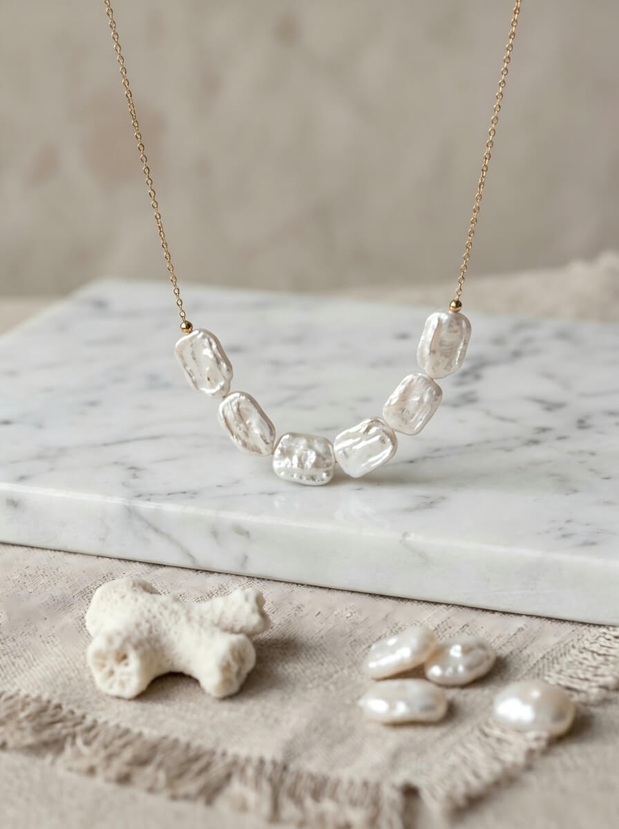 "Ethereal Ripples" Hand-Crafted Baroque Pearl Minimalist Necklace