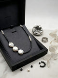 Edgy Sweet-Cool Asymmetrical Pearl Choker • Genuine Baroque Coin Pearl & Black Beaded Statement Necklace • Ins Style Jewelry