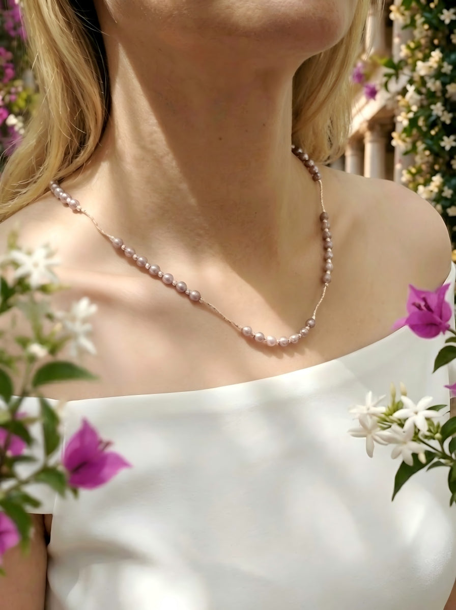 Handmade natural light purple pearl silver starry sky necklace