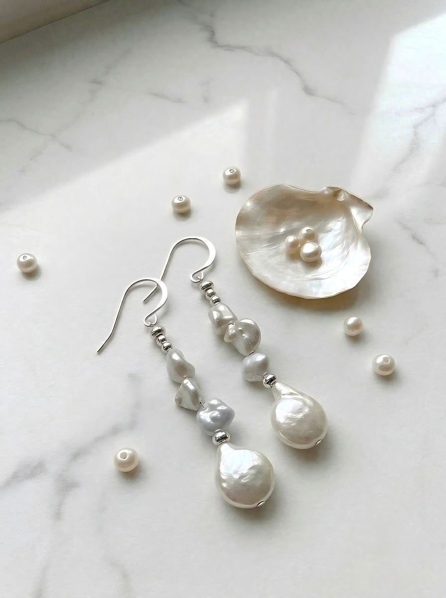 Ocean’s Whisper Handcrafted Baroque Pearl Drop Earrings in Sterling Silver