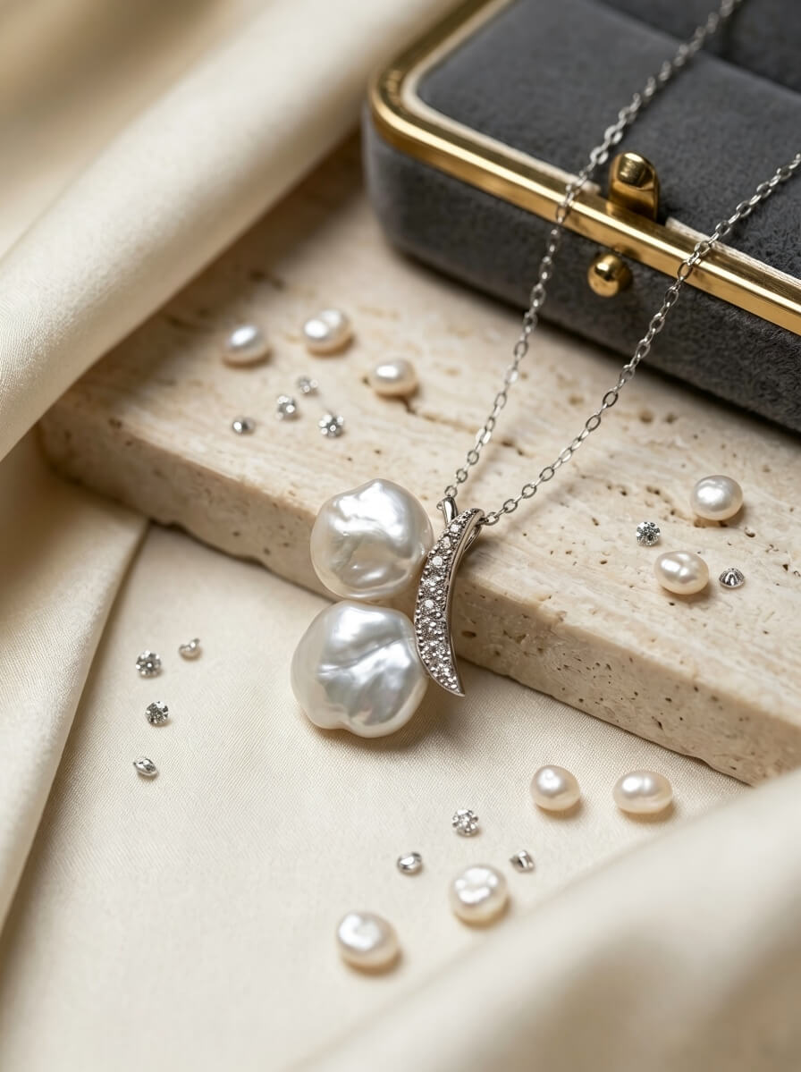 Handcrafted French Vintage Baroque Pearl Double Pendant Necklace - Sterling Silver Cherry Blossom Drop Choker