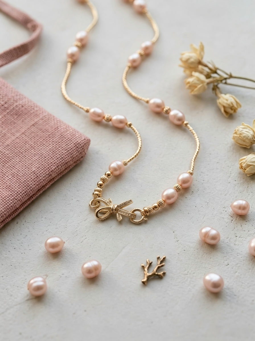 Aurelia Pink Freshwater Pearl Necklace with Vintage Bow Clasp
