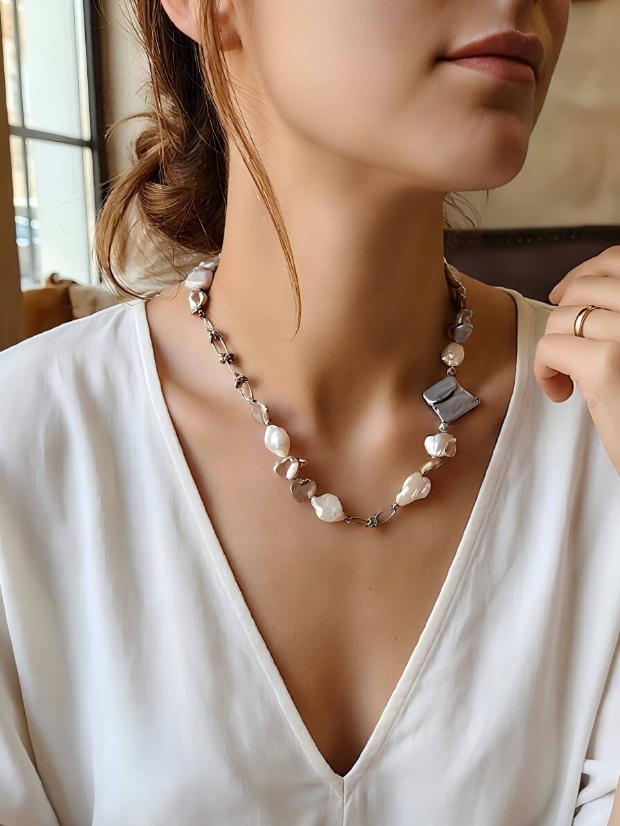 The Iridescent Tides | Artisanal Mixed Baroque Pearl & Knot Link Necklace