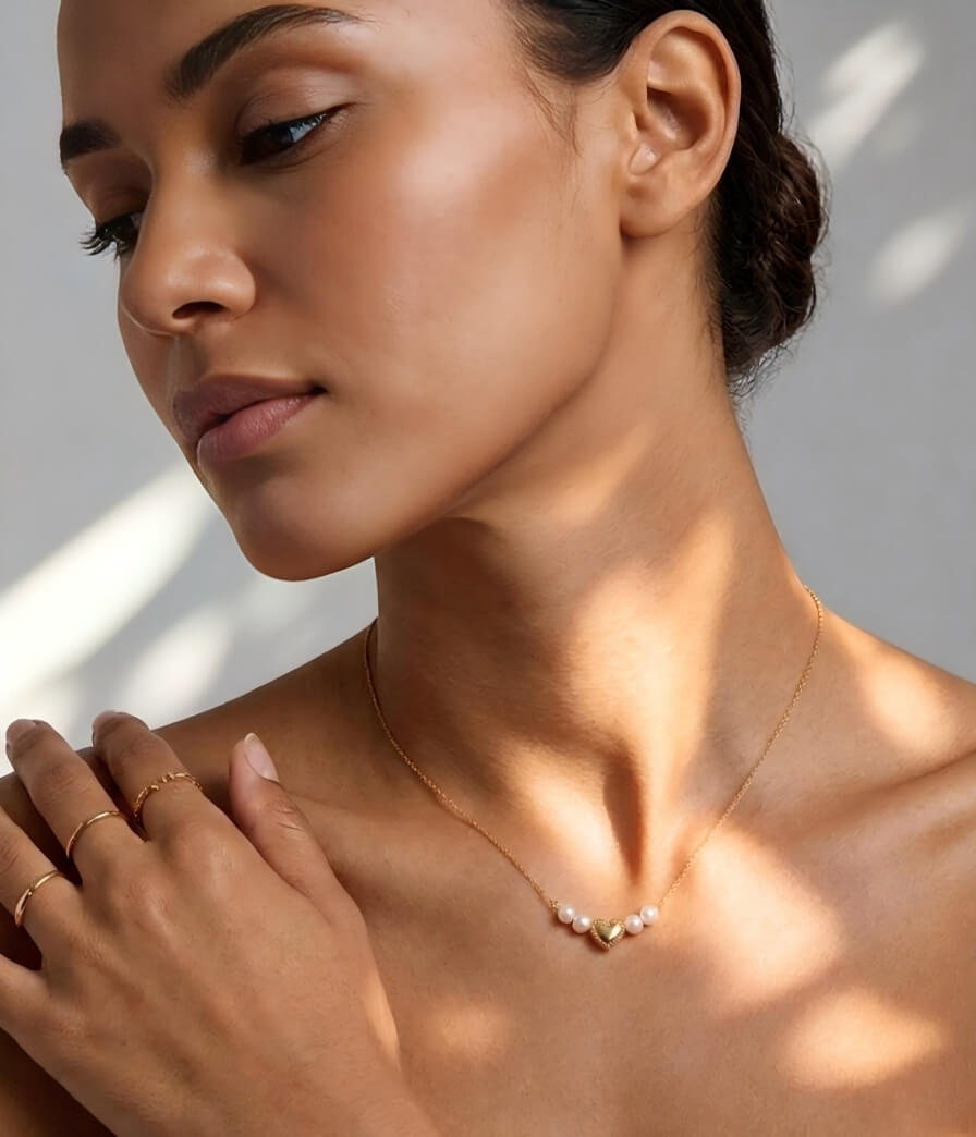 "Whispers of the Sea" — Vintage Textured Golden Heart & Natural Pearl Necklace