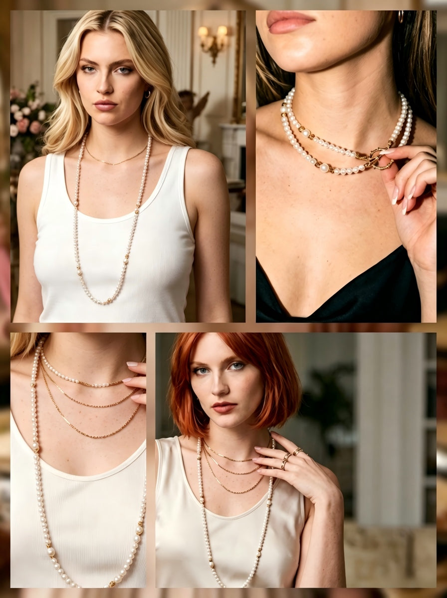 Aurelia Pearl Opera Necklace – Handcrafted Multi-Way Long Pearl Necklace with Textured Gold Accents