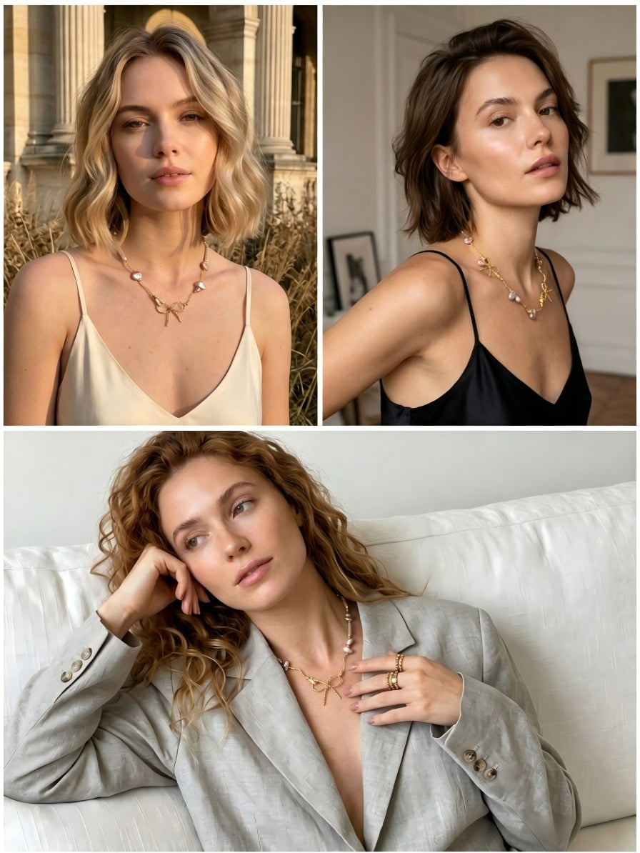 The Aphrodite Bow & Iridescent Baroque Pearl Necklace