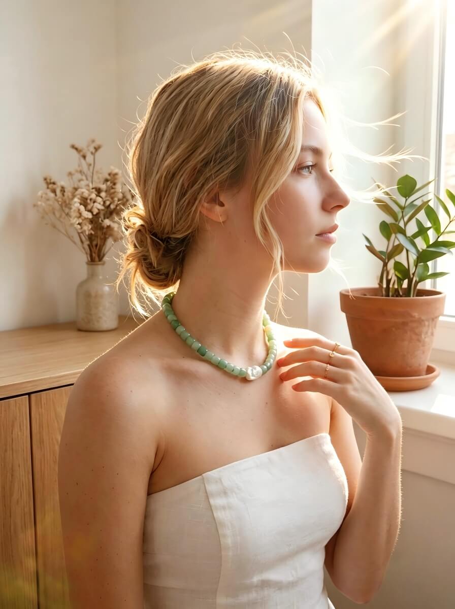 Eternal Meadow — Handmade Natural Green Strawberry Quartz & Luminous Freshwater Pearl Choker