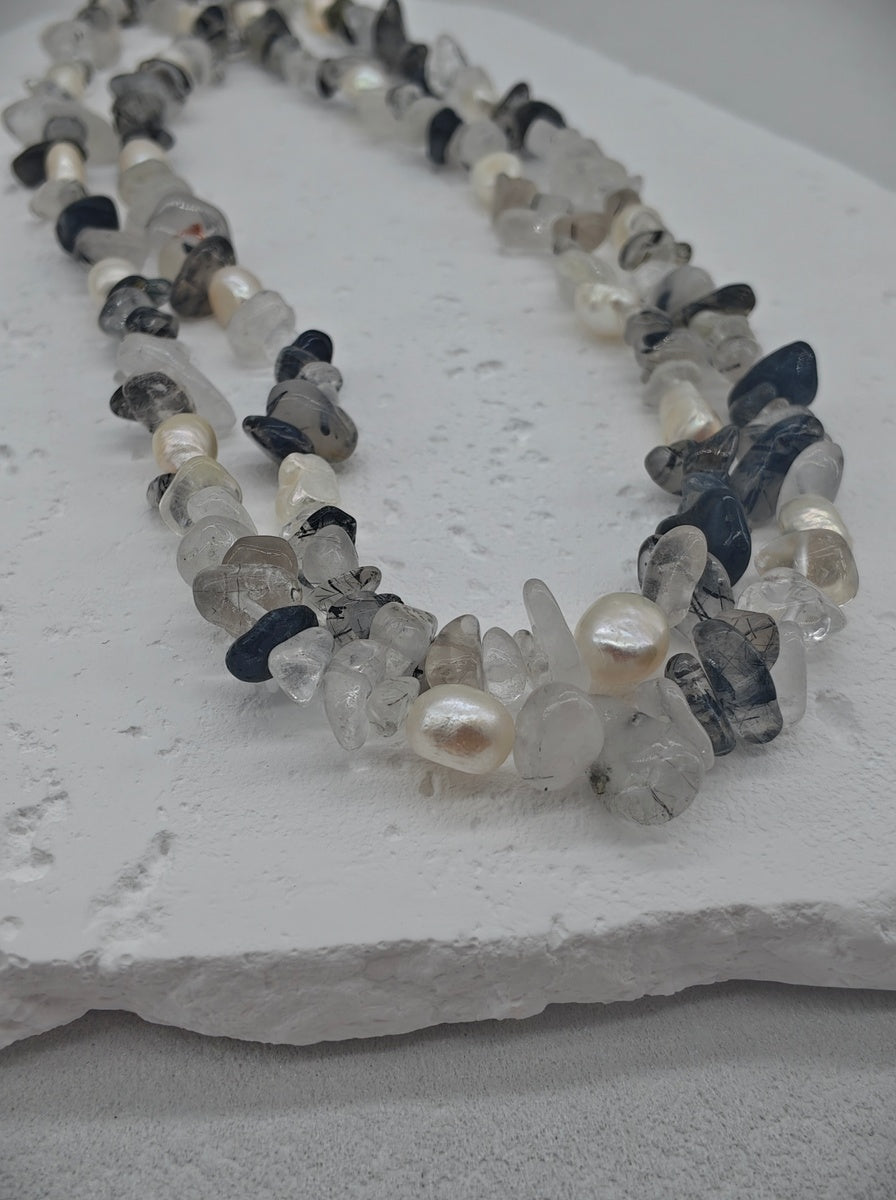 The Shadow & Light Handcrafted Tourmalinated Quartz & Baroque Pearl Choker
