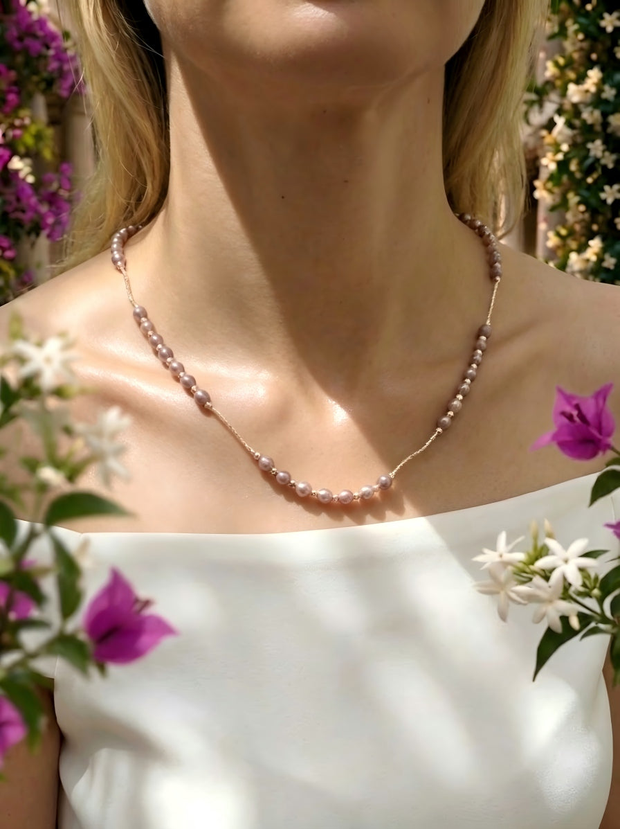 Handmade natural light purple pearl silver starry sky necklace