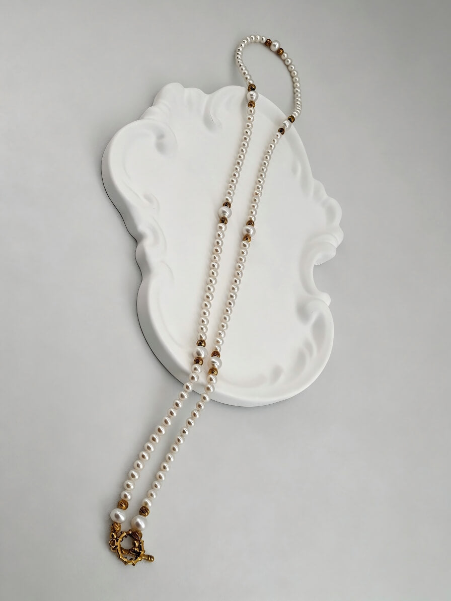 Aurelia Pearl Opera Necklace – Handcrafted Multi-Way Long Pearl Necklace with Textured Gold Accents