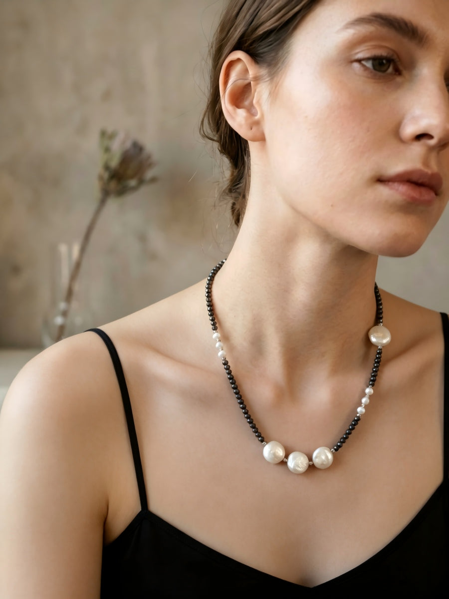 Edgy Sweet-Cool Asymmetrical Pearl Choker • Genuine Baroque Coin Pearl & Black Beaded Statement Necklace • Ins Style Jewelry