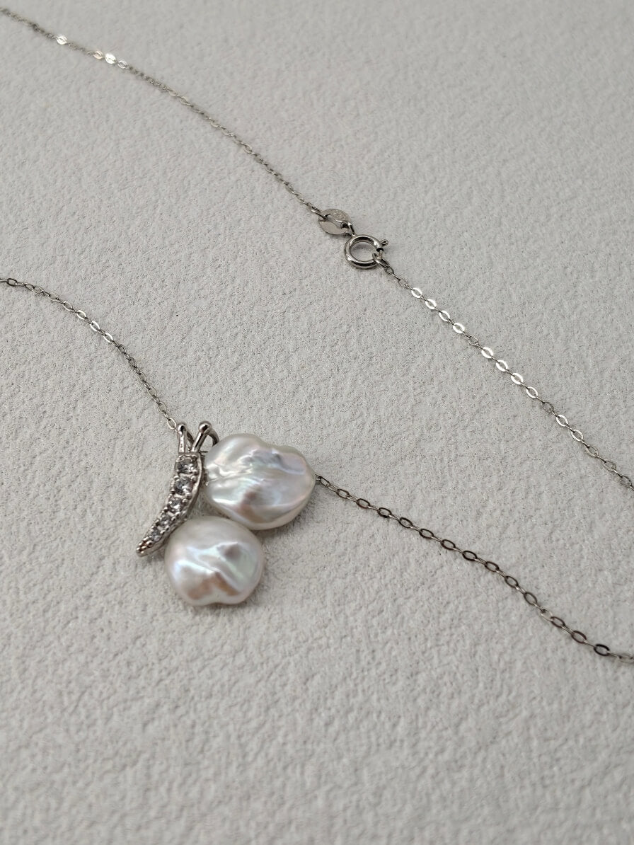 Handcrafted French Vintage Baroque Pearl Double Pendant Necklace - Sterling Silver Cherry Blossom Drop Choker