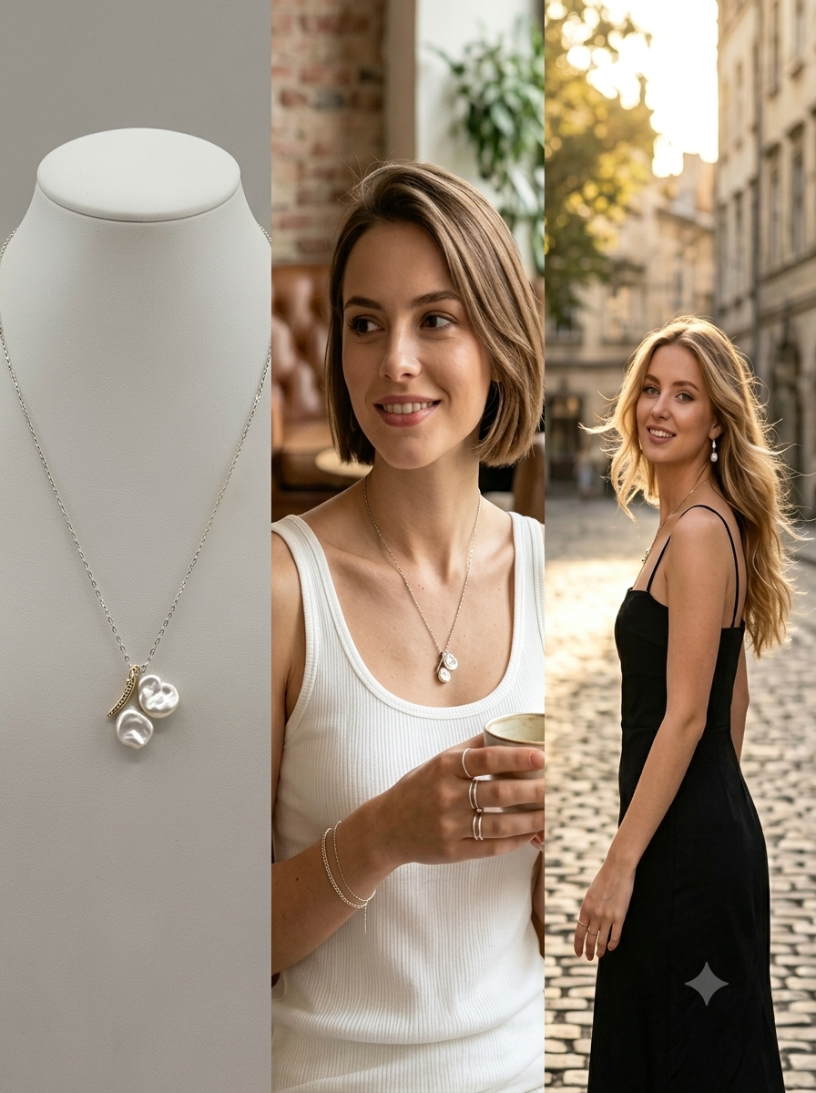 Handcrafted French Vintage Baroque Pearl Double Pendant Necklace - Sterling Silver Cherry Blossom Drop Choker
