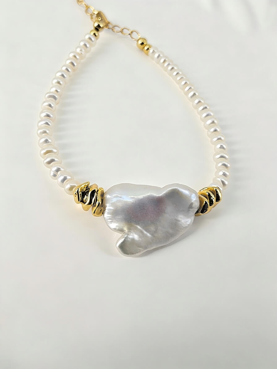 Handmade Silver Ribbon Bow Pearl Bracelet – Natural Baroque Tone Freshwater Pearls