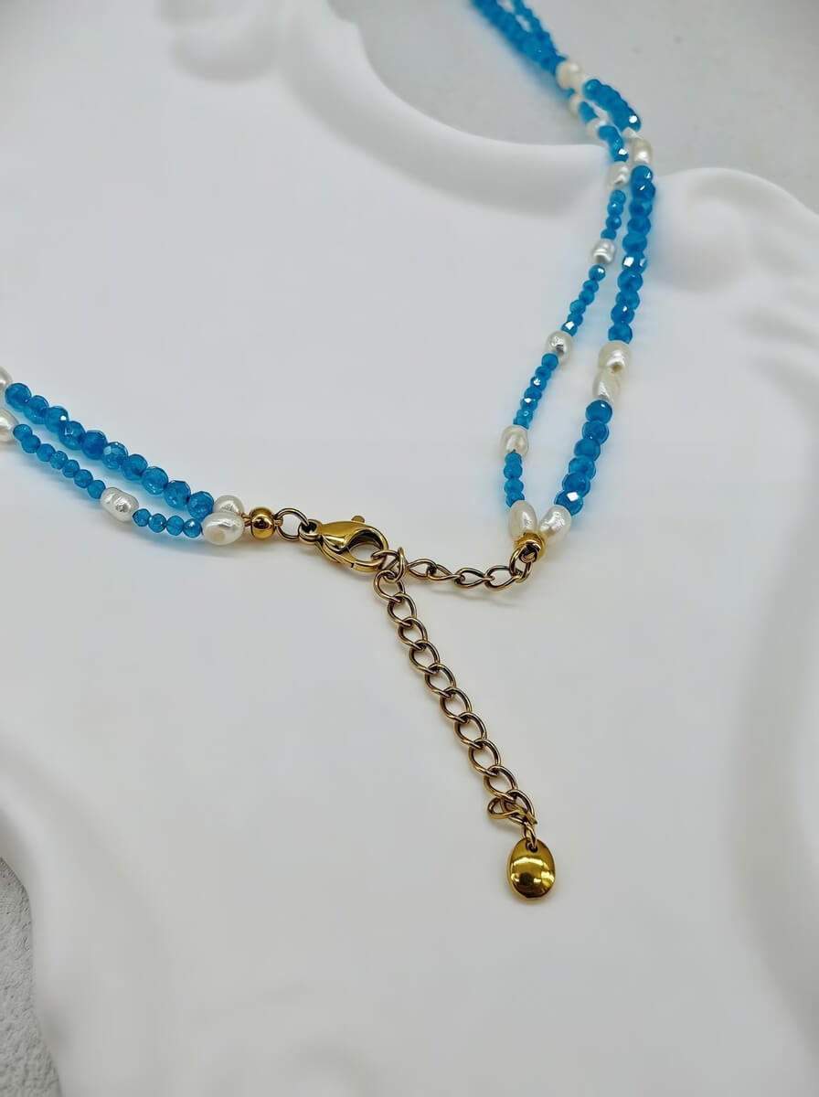 Ocean Breeze – Handmade Double-Layer Blue Zircon & Freshwater Pearl Necklace