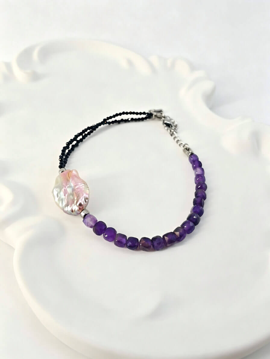 Handcrafted Asymmetric Amethyst & Black Spinel Bracelet with Keshi Baroque Pearl