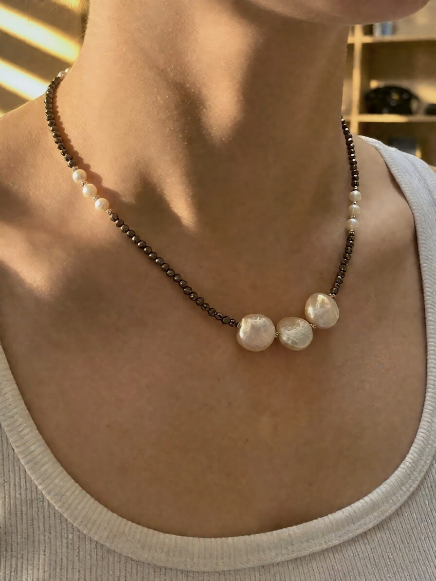 Edgy Sweet-Cool Asymmetrical Pearl Choker • Genuine Baroque Coin Pearl & Black Beaded Statement Necklace • Ins Style Jewelry