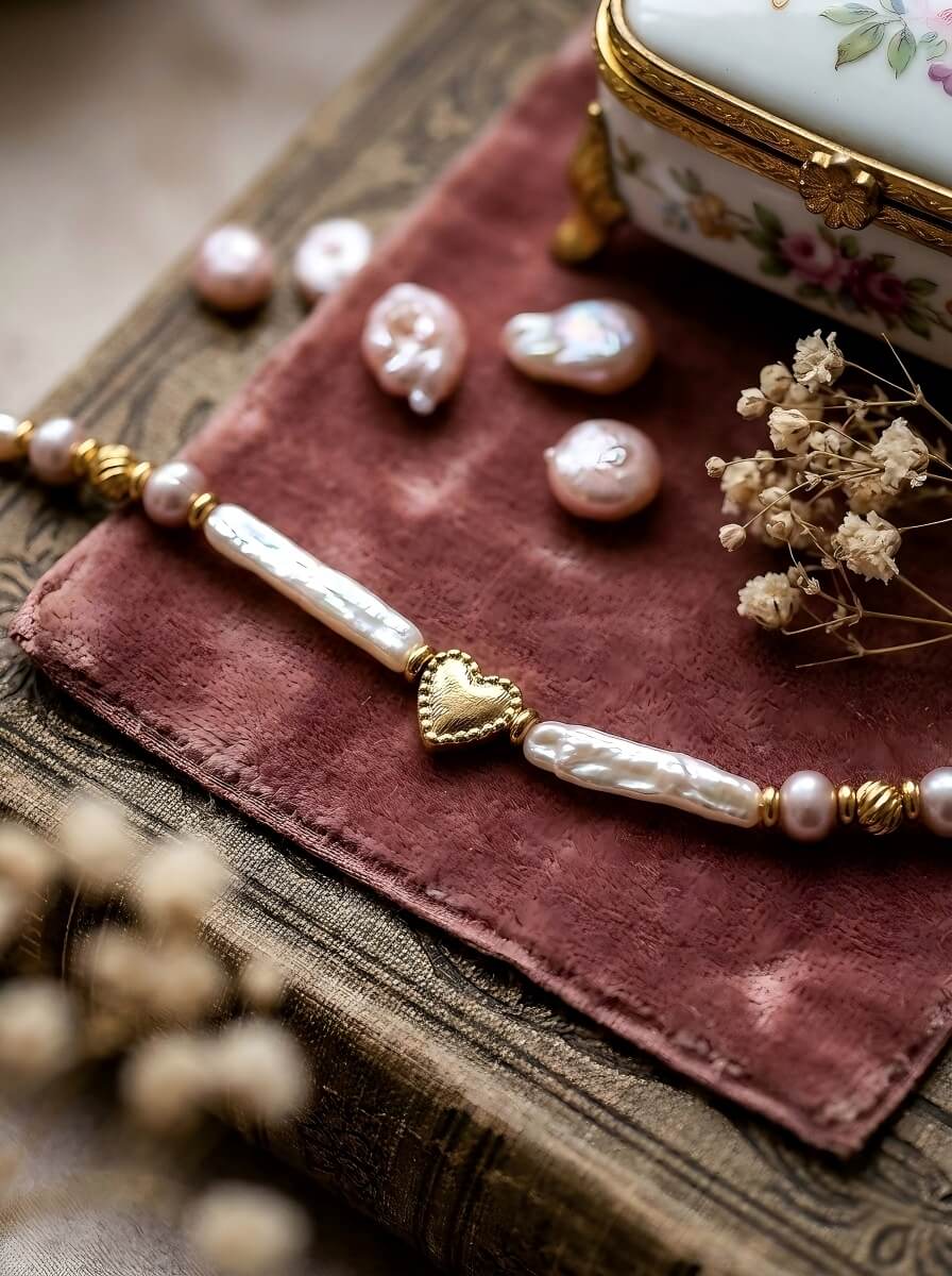 Amour Baroque – Handmade Pink Freshwater Pearl & Golden Heart Necklace