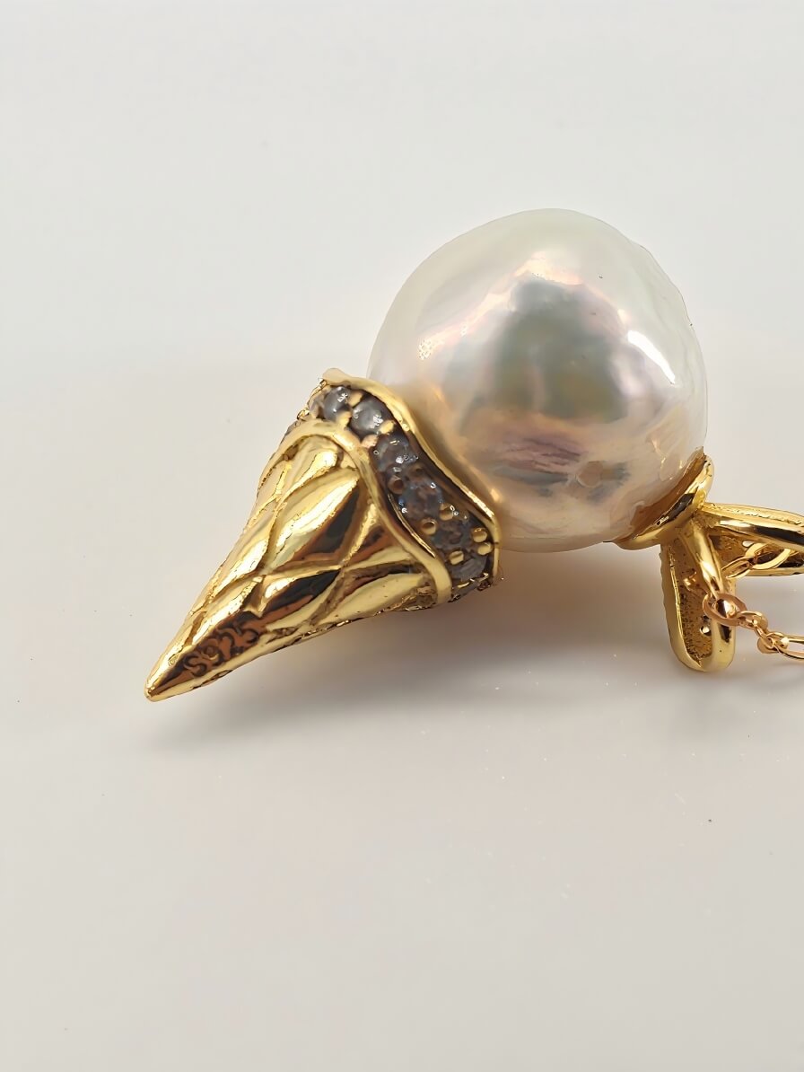 Handcrafted "Sweet Summer" Pearl Ice Cream Cone Pendant Necklace