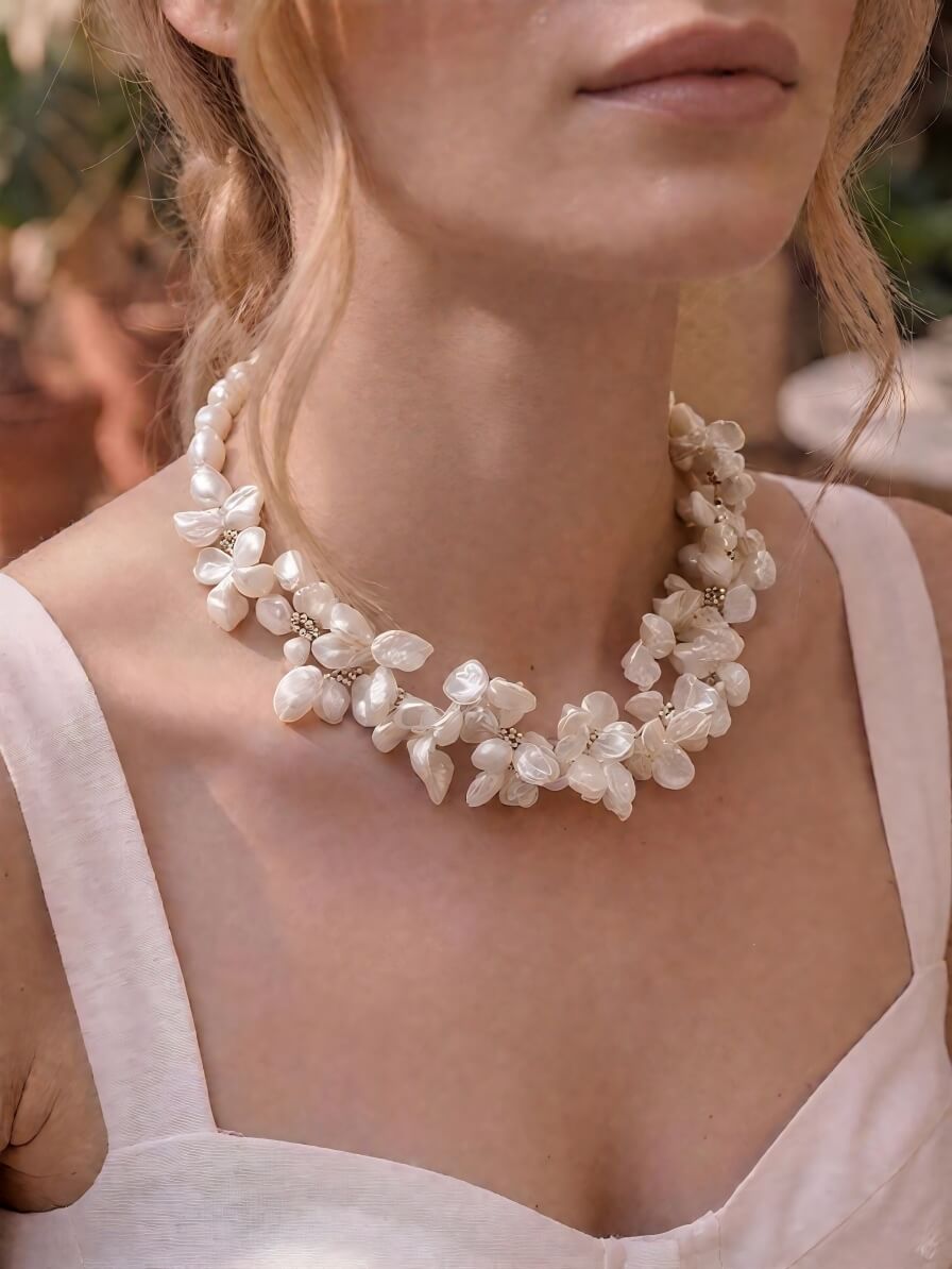 The "Ocean’s Whisper" Handmade Barque Pearl Cluster Necklace with Feather Clasp