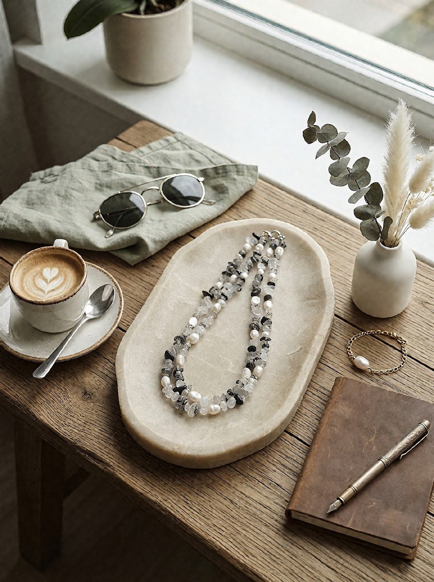 The Shadow & Light Handcrafted Tourmalinated Quartz & Baroque Pearl Choker