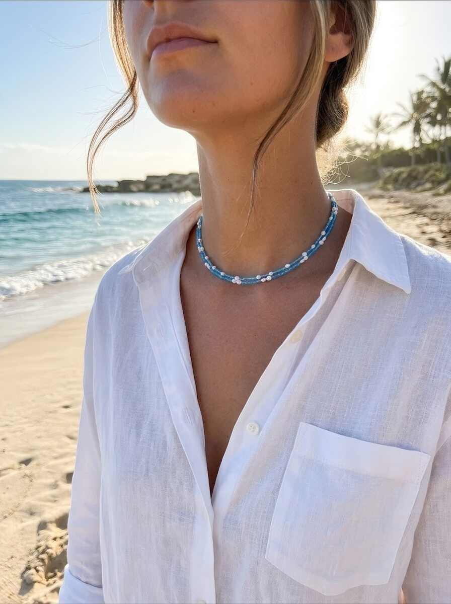 Ocean Breeze – Handmade Double-Layer Blue Zircon & Freshwater Pearl Necklace