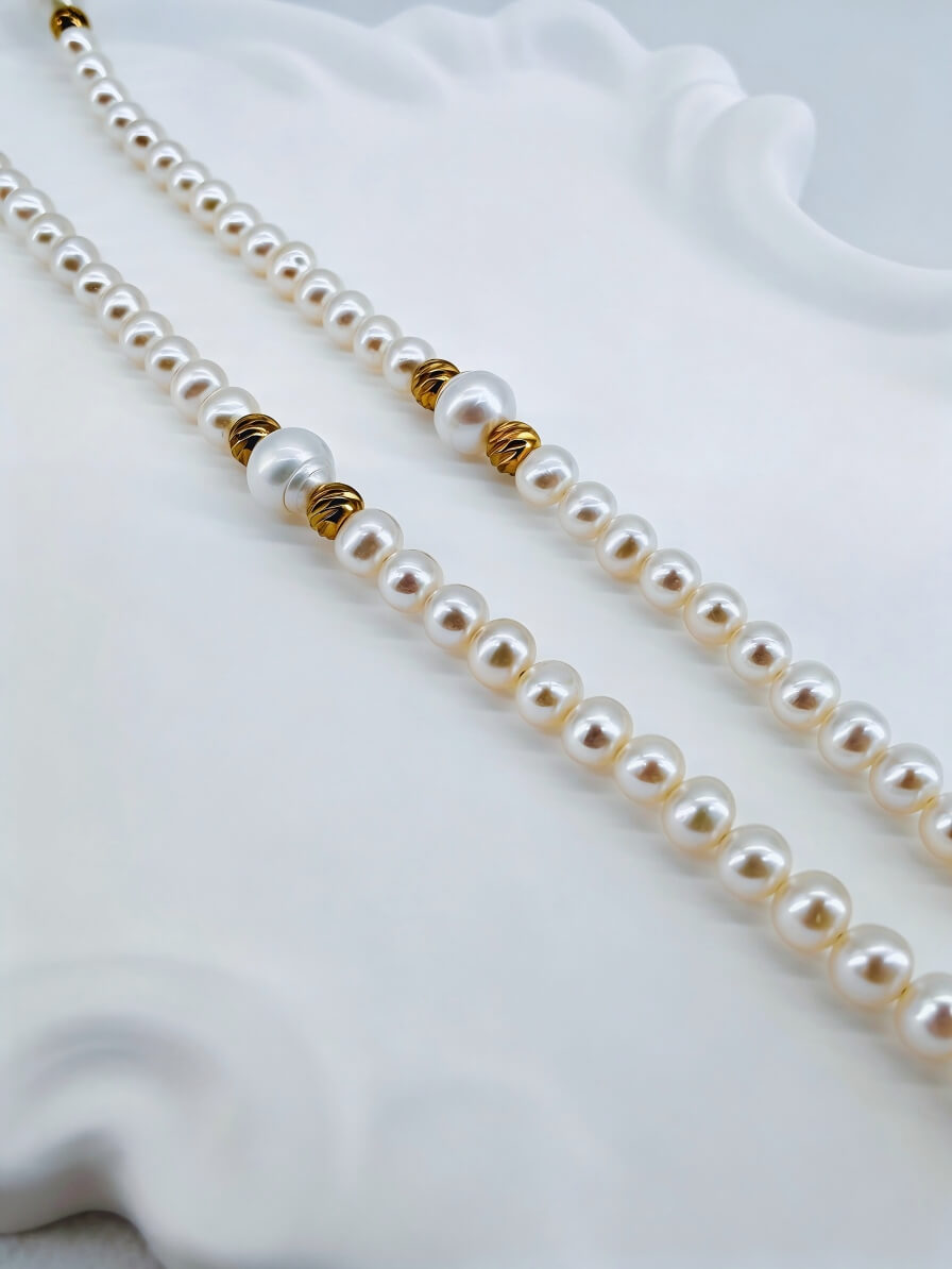 Aurelia Pearl Opera Necklace – Handcrafted Multi-Way Long Pearl Necklace with Textured Gold Accents