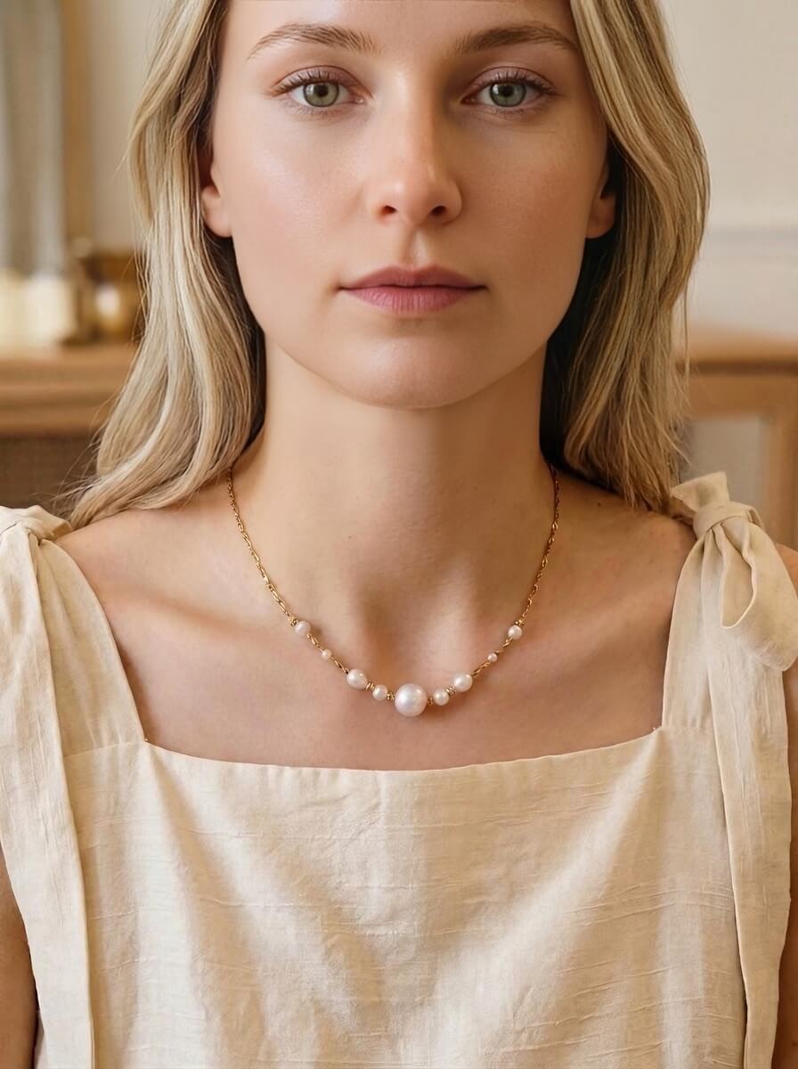 Aura Graduated Pearl & Textured Gold Chain Necklace