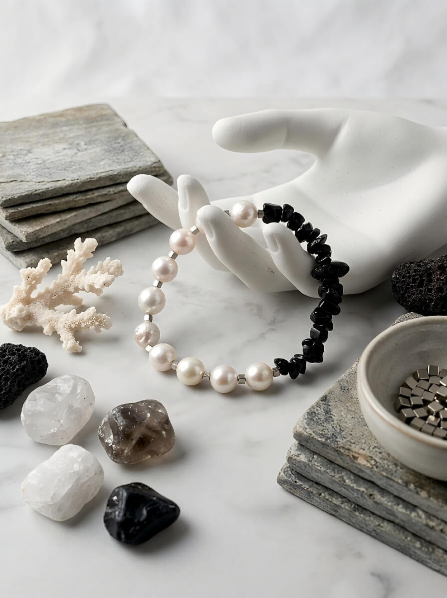 Echoes of Earth Handmade Pearl & Black Tourmaline Chip Bracelet