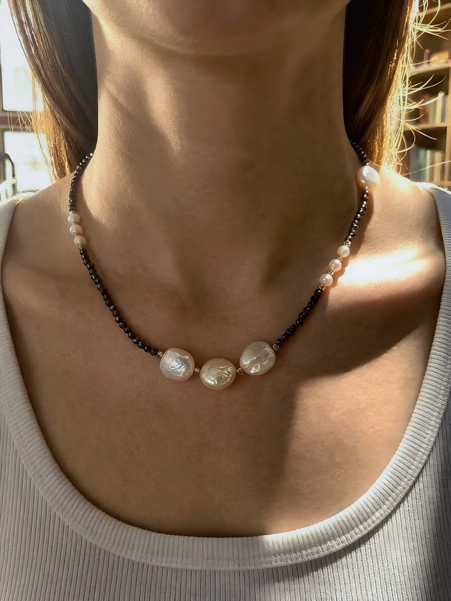 Edgy Sweet-Cool Asymmetrical Pearl Choker • Genuine Baroque Coin Pearl & Black Beaded Statement Necklace • Ins Style Jewelry