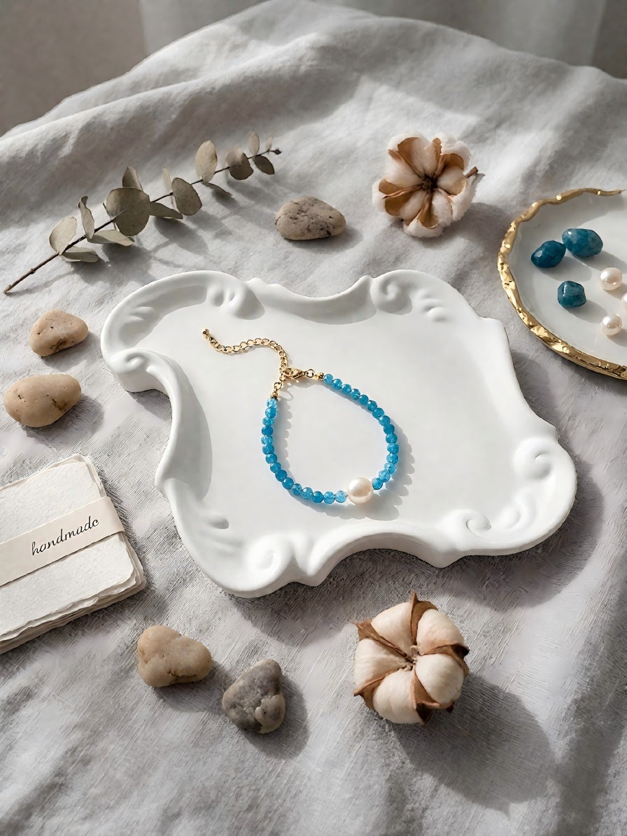 Ocean Tear | Handmade Blue Zircon & Natural Freshwater Pearl Bracelet