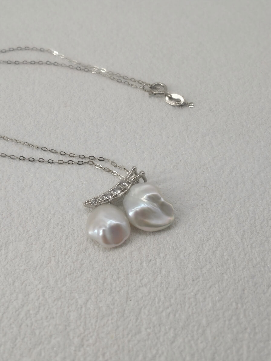 Handcrafted French Vintage Baroque Pearl Double Pendant Necklace - Sterling Silver Cherry Blossom Drop Choker